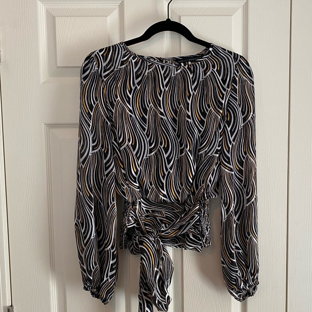 WHBM Scroll Print Tie Waist Blouse SZ 2